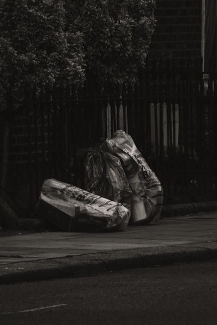 A person wearing a plaid shirt and grey trousers, standing outdoors on a grassy area, is holding open a large black rubbish bag lined with a silver inner layer. The individual is wearing light green g